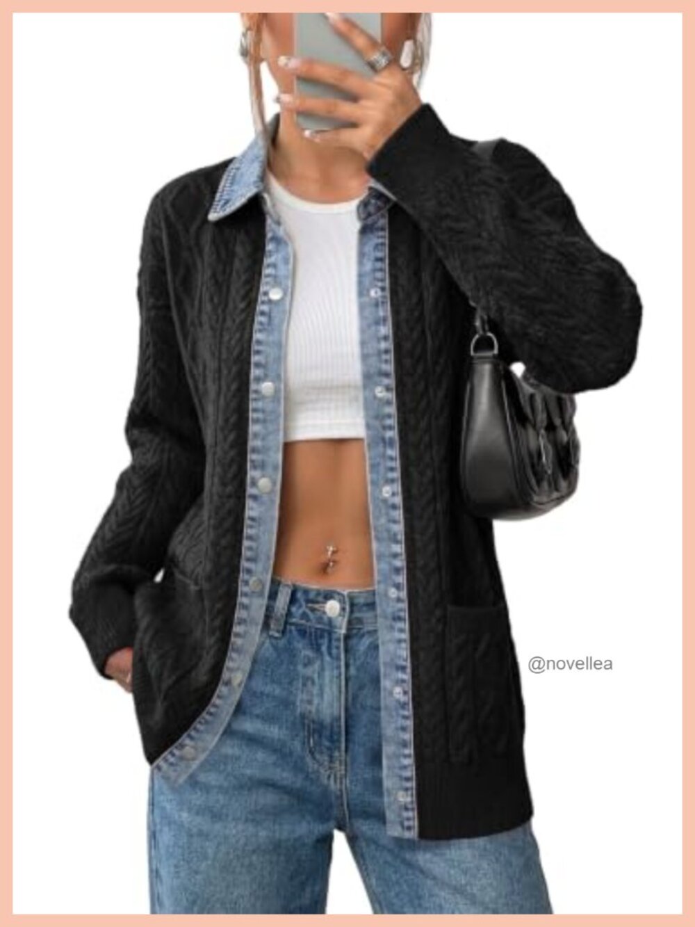 Womens Cable Knit Denim Collar Button Front Cardigan Sweater with Pockets
